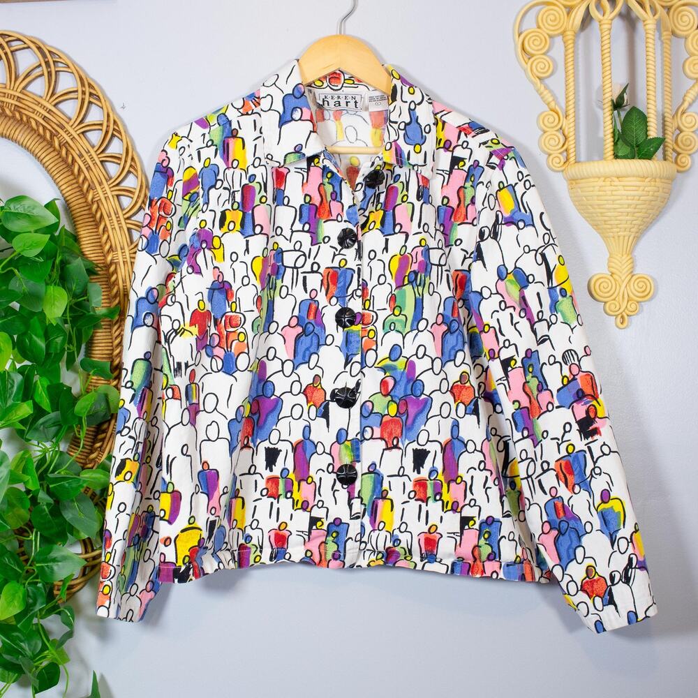 VTG Abstract Crowd Print Art Jacket Colorful Novelty Blazer | Bright Spring